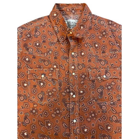 Ryan Michael Men’s L Western Snap Shirt Orange Floral Paisley Linen Pearl Snaps - Picture 11 of 11